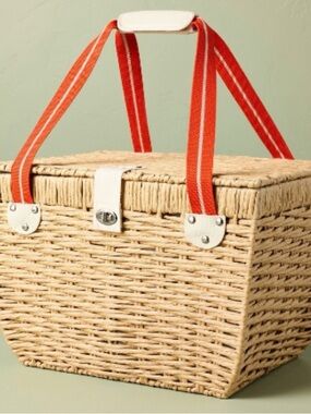 Magnolia Woven Paper Picnic Basket Tote - Natural with Orange Handles